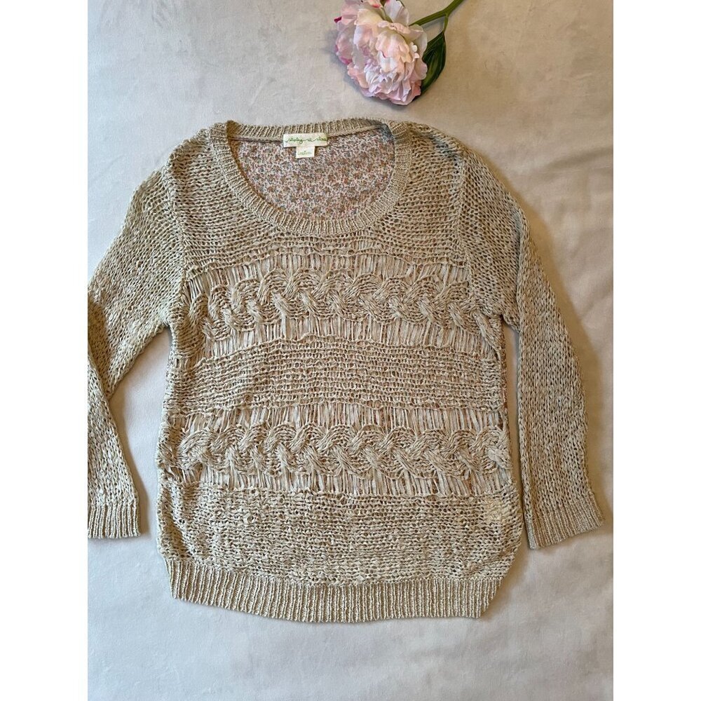 Anthropologie Staring At Stars Open-Knit Sweater Beige & Floral Pattern